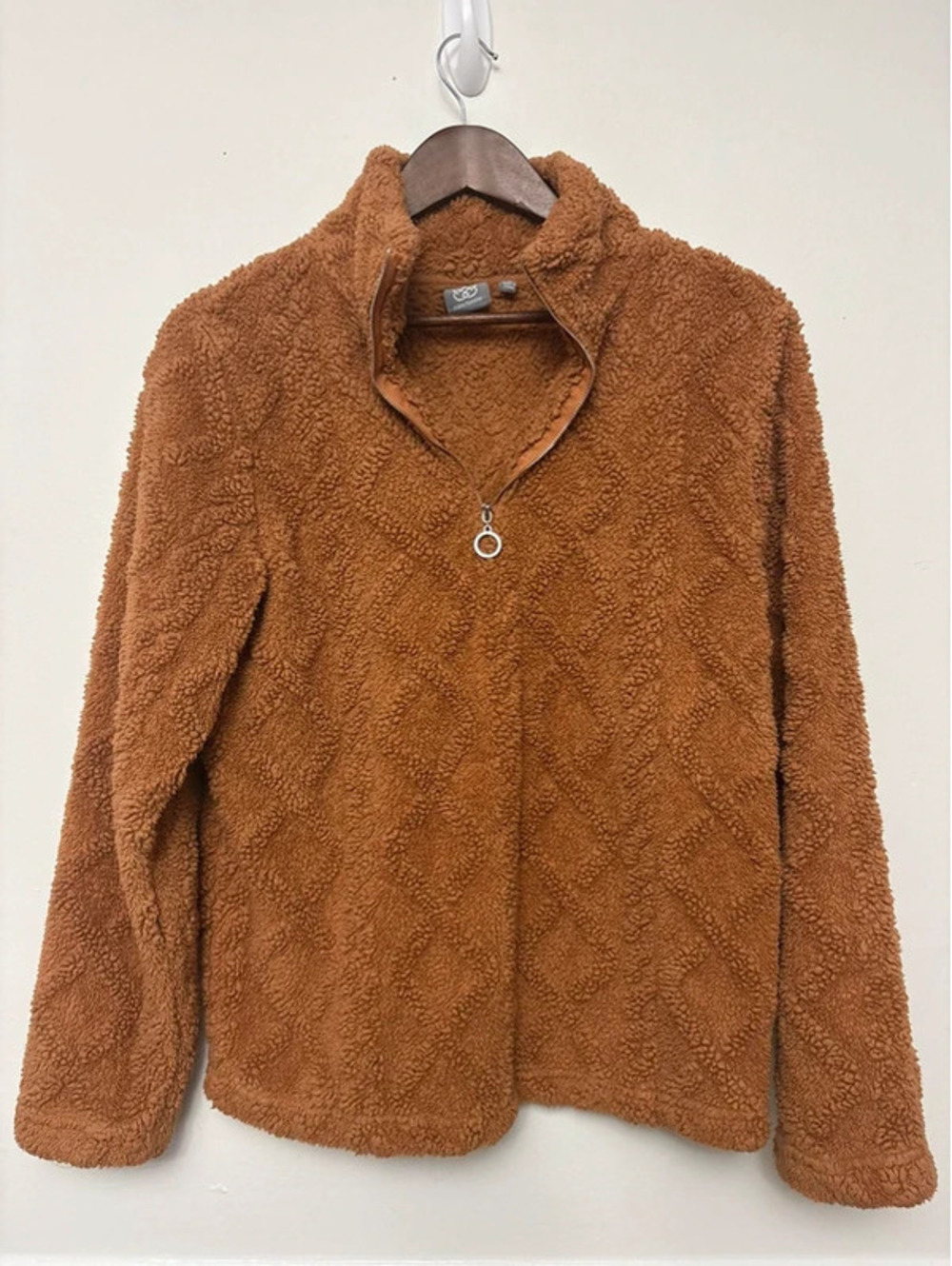 Daisy Fuentes Small Caramel Cognac Brown Teddy Sherpa Quarter-Zip Pullover